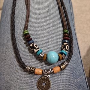 Boho Turquoise PU Leather Coin Necklace